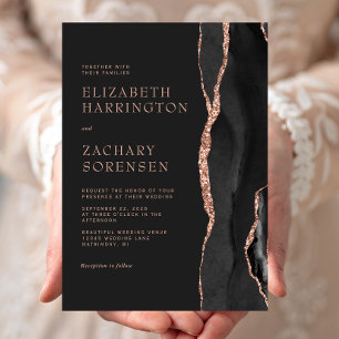 Invitation Élégant Mariage Agate Noire Or Rose