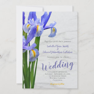 Invitation Élégant mariage aquarelle bleue florale et marbre