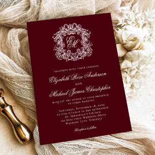 Invitation Élégant Mariage Armoiries Monogramme Bourgogne Fon