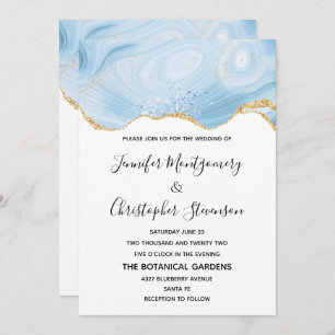 Invitation Élégant Mariage Arrière - plan Blue and Gold Agate