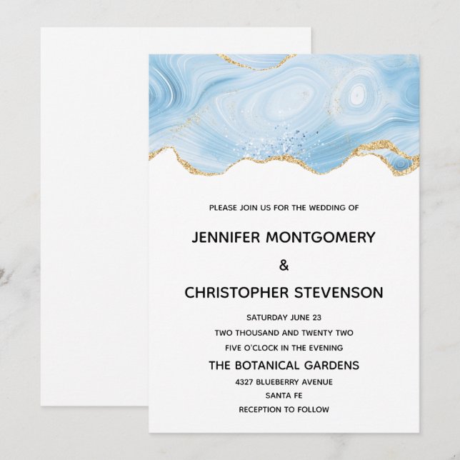 Invitation Élégant Mariage Arrière - plan Blue and Gold Agate (Devant / Derrière)