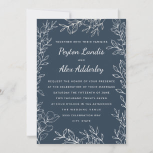 Invitation Élégant Mariage Art Botanique Ligne Blanc Bleu Mar