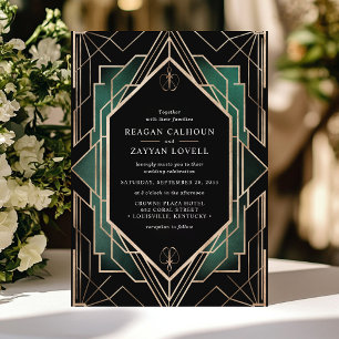 Invitation Élégant Mariage Art Déco Émeraude Noir et Or
