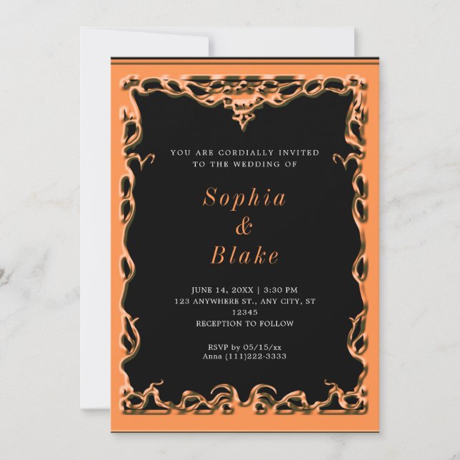 Invitation Elégant Mariage Art déco noir et orange (Devant)