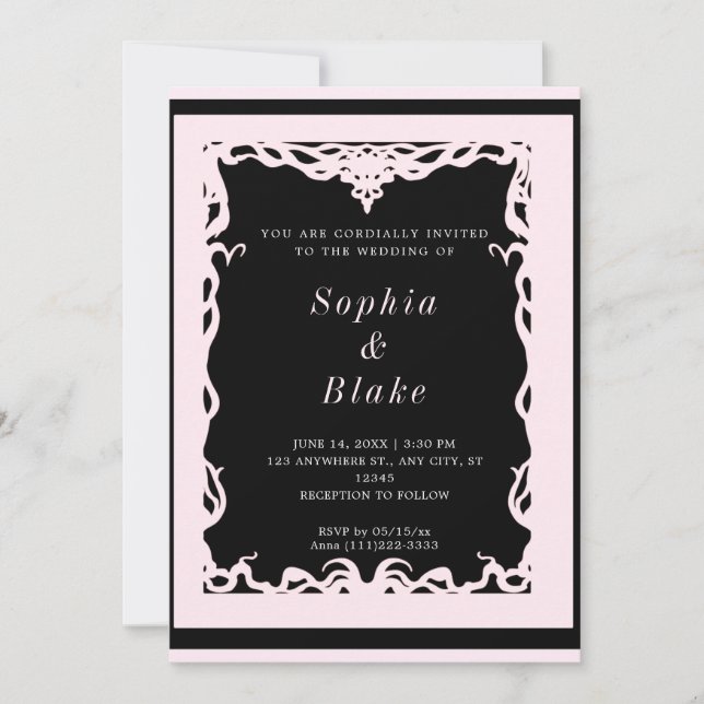 Invitation Elégant Mariage Art déco noir et rose pâle (Devant)