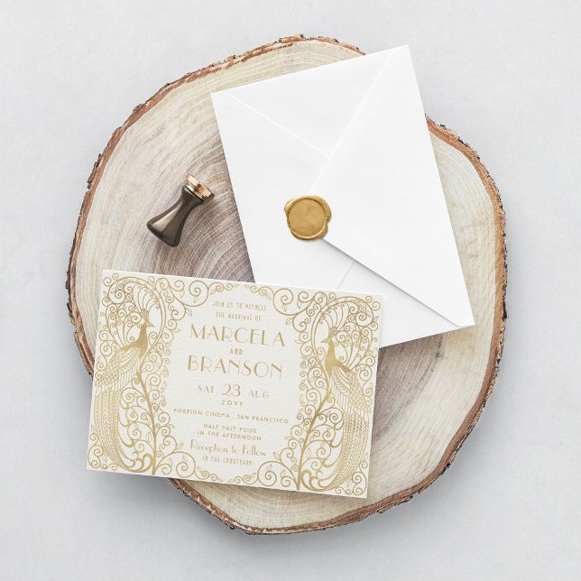 Invitation Elégant Mariage Art Déco Peacocks (Créateur téléchargé)