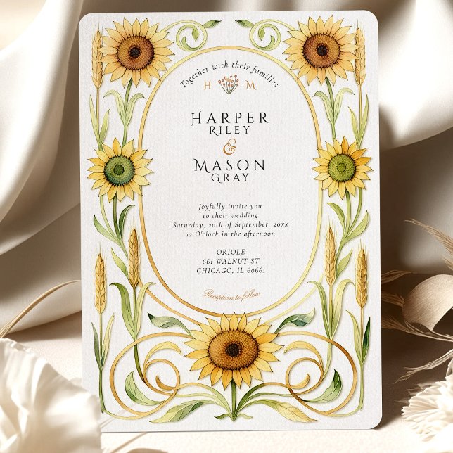 Invitation Elégant Mariage Art Nouveau Tournesol & Blé Or (Créateur téléchargé)