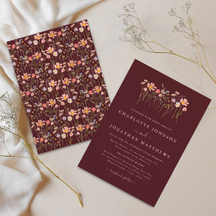 Invitation Élégant mariage aux fleurs sauvages rose bordeaux
