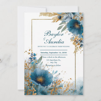 Invitation Élégant Mariage Azure Blooms & Gold Frame