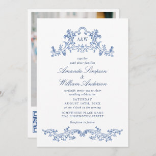Invitation Elégant Mariage Baroque Bleu Ornate Frame Photo QR