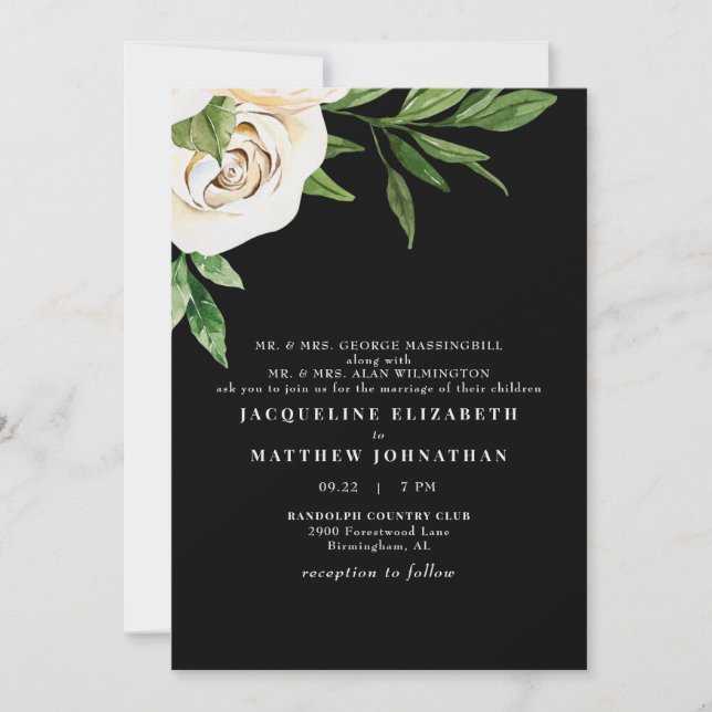 Invitation Élégant Mariage Black Cream Peonies (Devant)