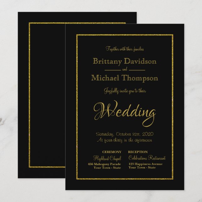 Invitation Élégant Mariage Black Gold Church (Devant / Derrière)