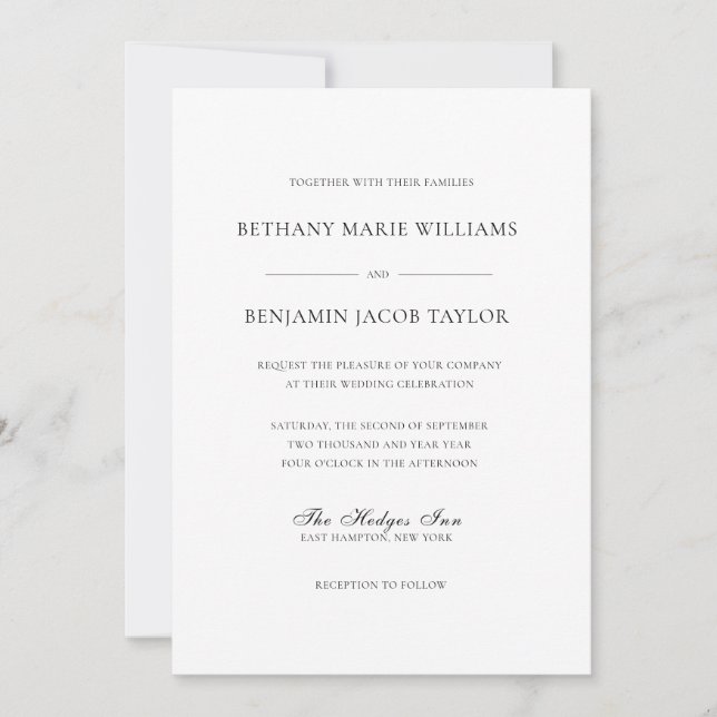 Invitation Élégant Mariage blanc classique simple avec RSVP (Devant)