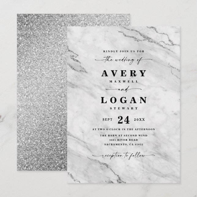 Invitation Élégant Mariage blanc et argent en marbre et Parti (Devant / Derrière)
