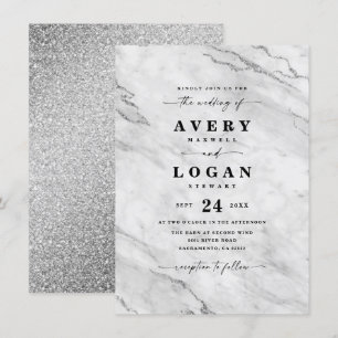 Invitation Élégant Mariage blanc et argent en marbre et Parti