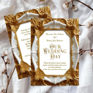 Invitation Élégant Mariage Blanc Or Orné Cadre Plaque