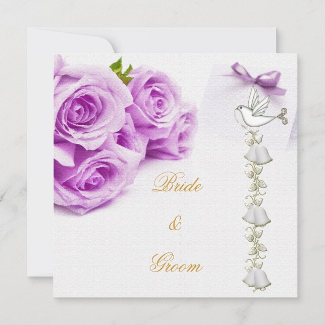 Invitation Elégant mariage blanc violet Roses  cloches de col (Devant)