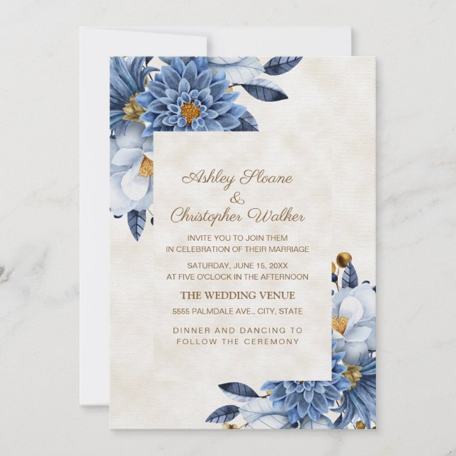 Invitation Élégant Mariage bleu blanc or floral (Devant)