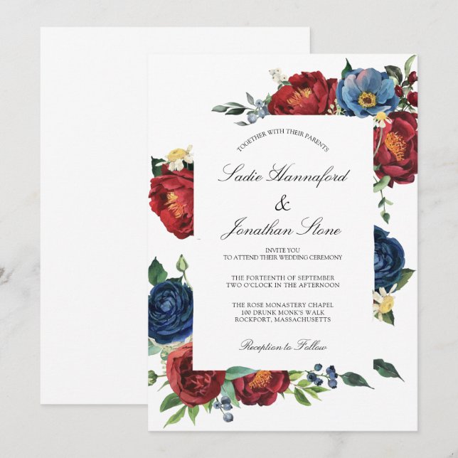 Invitation Elégant Mariage bleu bleu Bourgogne rouge floral (Devant / Derrière)