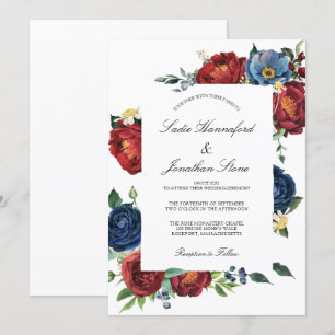 Invitation Elégant Mariage bleu bleu Bourgogne rouge floral
