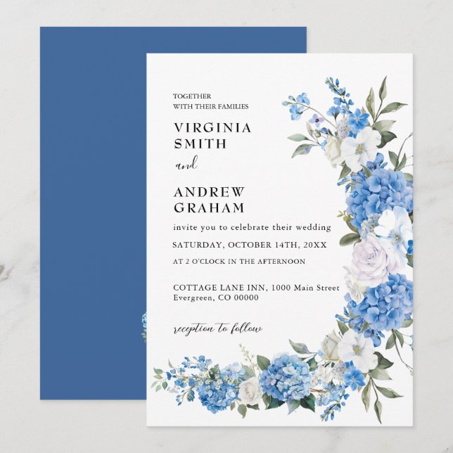 Invitation Elégant Mariage bleu bleu floral Bow (Devant / Derrière)
