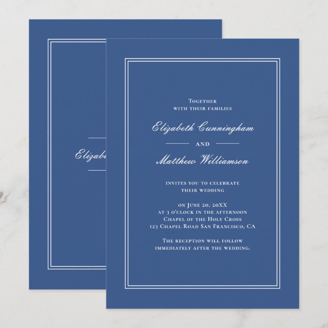 Invitation Élégant Mariage Bleu Classique Simple (Devant / Derrière)