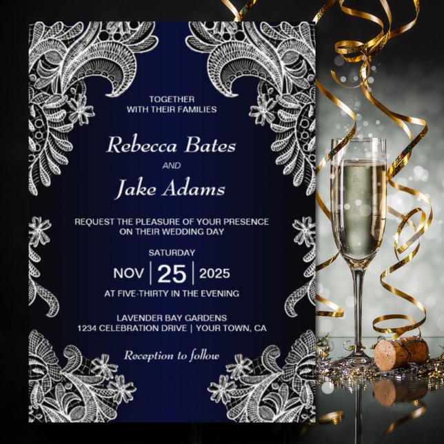 Invitation Élégant Mariage bleu dentelle blanche (Créateur téléchargé)