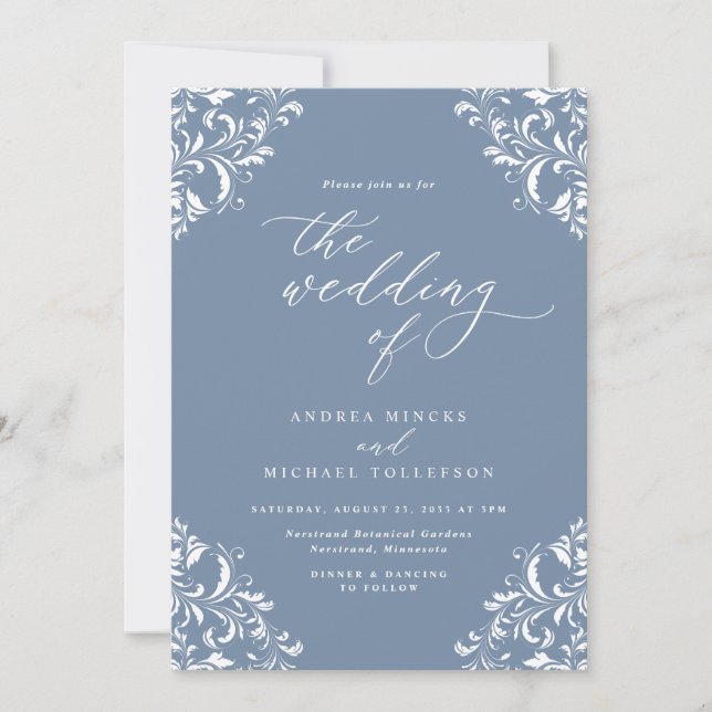Invitation Elégant Mariage bleu Dusty Vintage (Devant)