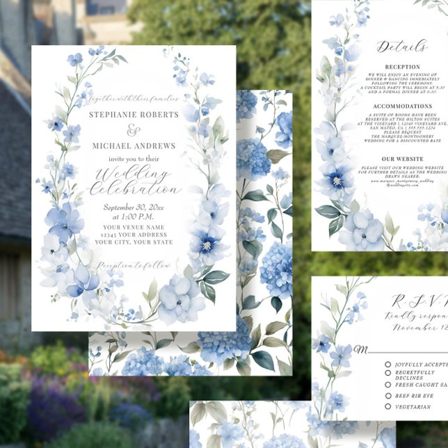 Invitation Élégant Mariage bleu et blanc Floral été (Créateur téléchargé)