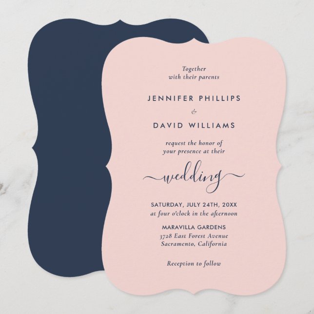 Invitation Élégant Mariage bleu et bleu marine moderne (Devant / Derrière)