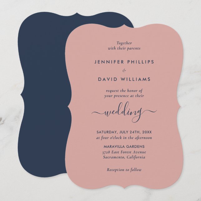 Invitation Élégant Mariage bleu et bleu marine moderne (Devant / Derrière)