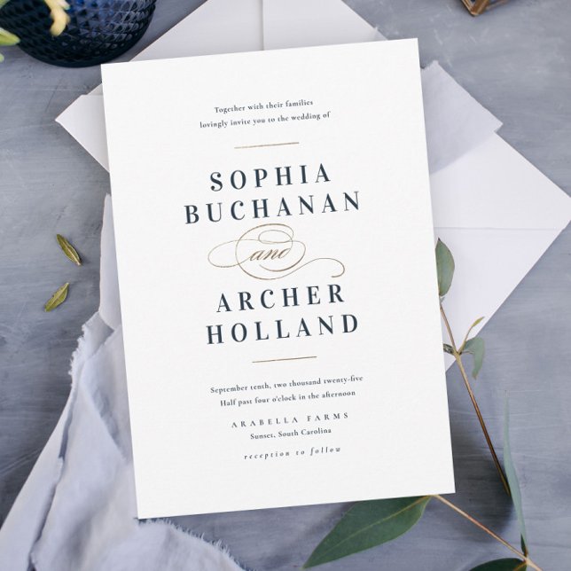 Invitation Elégant Mariage bleu et or de la marine (Créateur téléchargé)