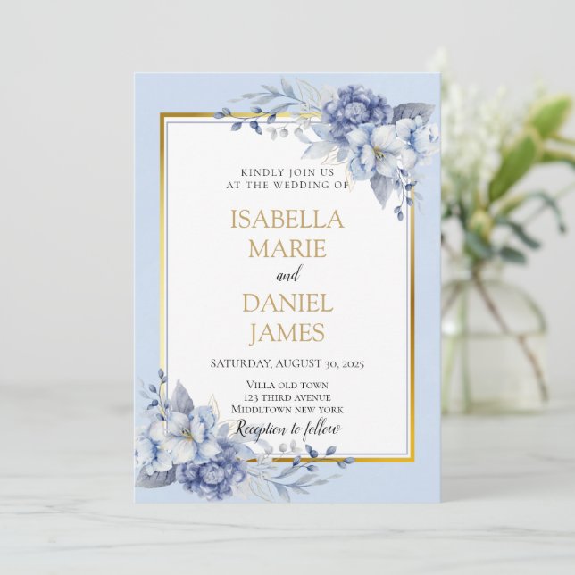 Invitation Elégant Mariage bleu et or floral Dusty (Debout devant)