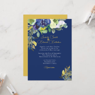 Invitation Elégant Mariage bleu foncé floral marine