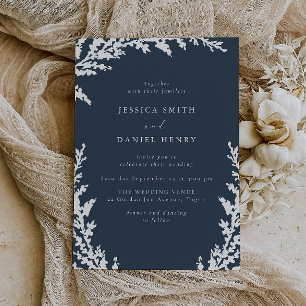Invitation Élégant Mariage bleu marine de la feuille de saumo