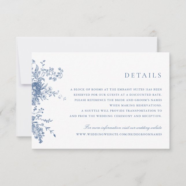Invitation Élégant Mariage bleu marine Floral Détails Insérer (Devant)
