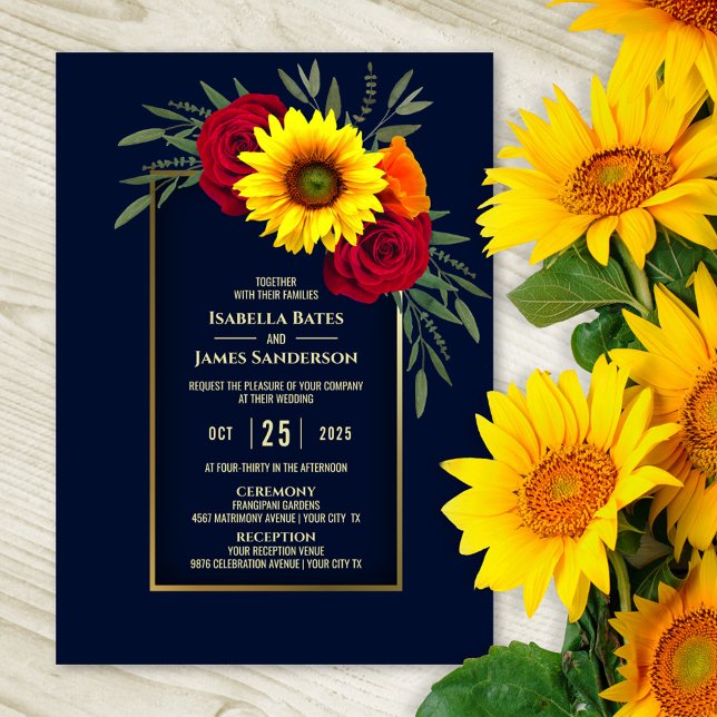 Invitation Élégant Mariage bleu or tournesol rouge rose (Créateur téléchargé)
