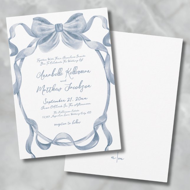 Invitation Élégant Mariage bleu roux Vintage (Elegant Vintage Dusty Blue Bow Wedding Invitation)