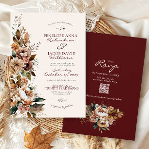 Invitation Élégant Mariage Bohème d'Automne aux Fleurs de Bou