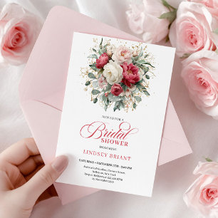 Invitation Élégant mariage bohème rouge blanc or floral