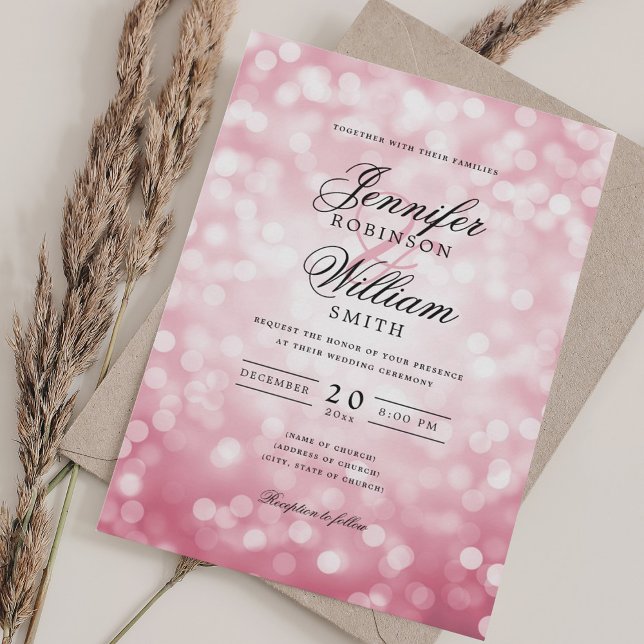 Invitation Elégant Mariage Bokeh éclaire Romantique rose pâle (Elegant Wedding Bokeh Lights Romantic Blush Pink Invitation)