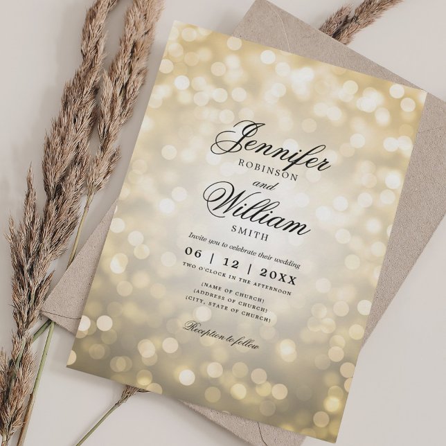 Invitation Elégant Mariage Bokeh Lumières Script romantique O (Elegant Wedding Bokeh Lights Romantic Script Gold Invitation)