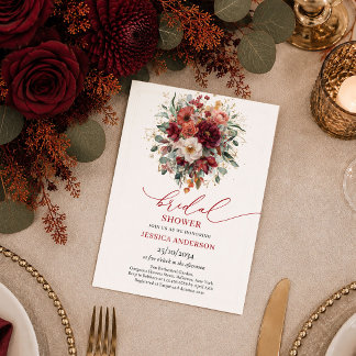 Invitation Élégant mariage bordeaux or floral rouge profond s
