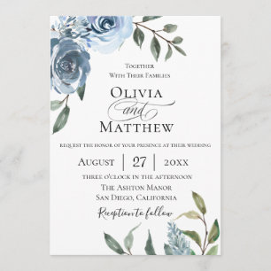Invitation Elégant Mariage botanique bleu Dusty