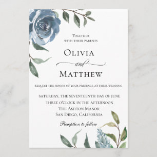 Invitation Elégant Mariage botanique bleu Dusty