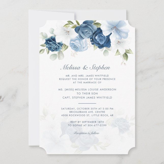 Invitation Elégant Mariage botanique bleu Dusty (Devant)