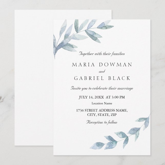 Invitation Élégant mariage botanique de feuille d'aquarelle (Devant / Derrière)