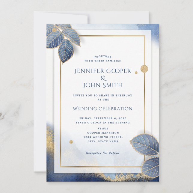 Invitation Élégant Mariage botanique en marbre bleu or (Devant)