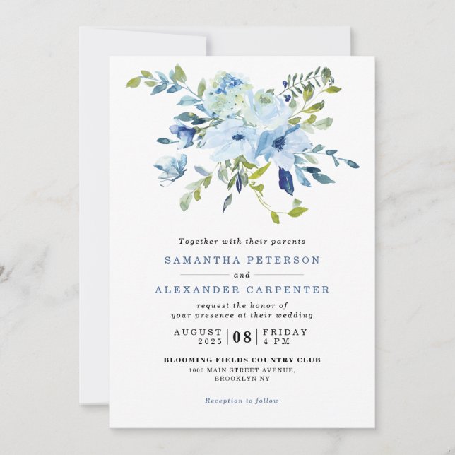 Invitation Élégant Mariage botanique floral de la marine bleu (Devant)