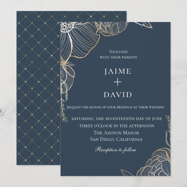 Invitation Élégant Mariage botanique Floral Or (Devant / Derrière)